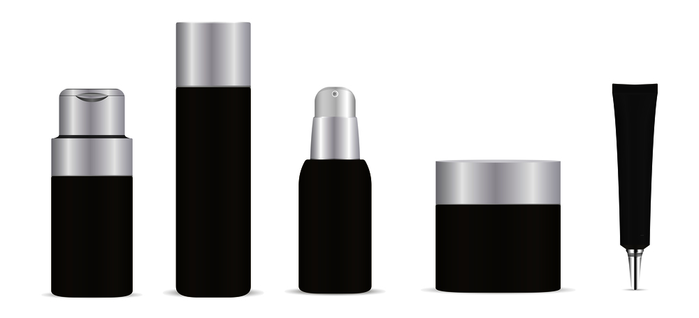 Black cosmetic bottles set. Cream jar, shampoo container, foam dispenser, base tube. Vector mock up illustration. EPS10. Cosmetic bottle set. Cream jar, shampoo container
