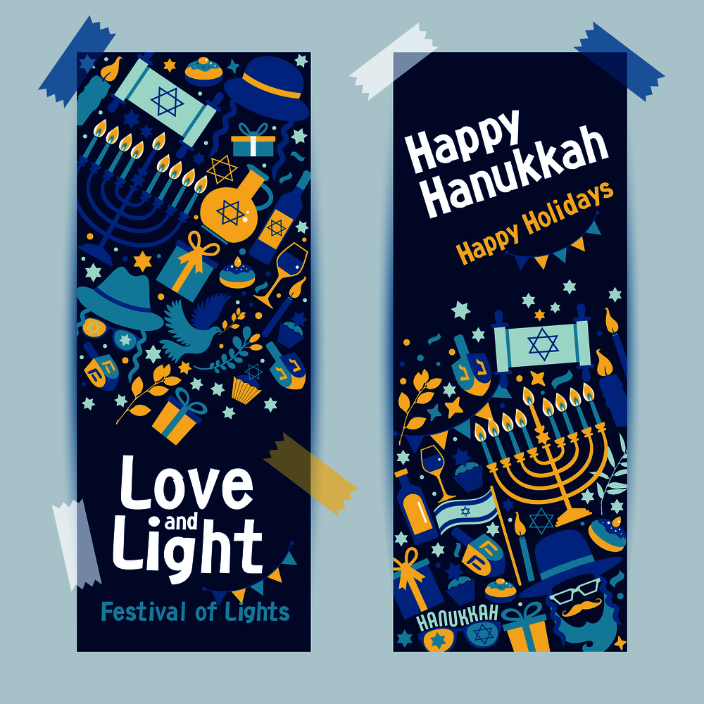 Jewish holiday Hanukkah greeting card traditional Chanukah symbols.. Jewish holiday Hanukkah banner dark blue set and invitation traditional Chanukah symbols.
