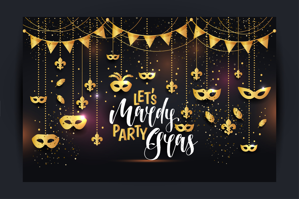 Mardi Gras icons colored frame with a mask, isolated on black background. Vector illustration. Mardi Gras frame with a gold mask and fleur-de-lis, isolated on black background. Vector illustration.