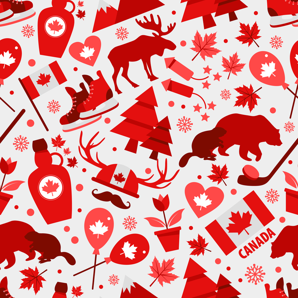 Canada sign and symbol, graphic elements flat icons set in seamless pattern.. Canada sign and symbol, Icons bright design flat set in seamless pattern.