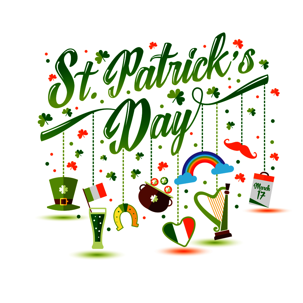 Lettering with icons set of Saint Patricks Day. Lettering with icons of Saint Patrick s Day