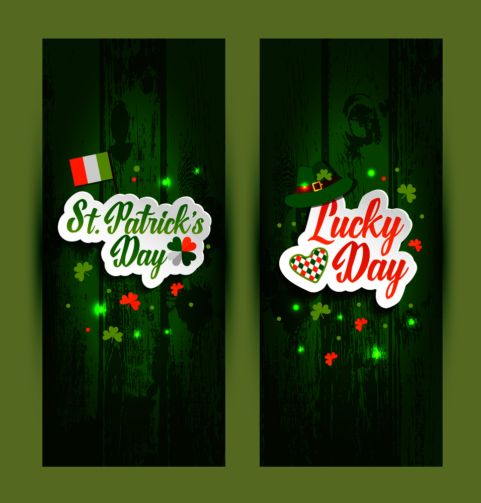 Lettering of Saint Patrick s Day banners. Lettering of Saint Patrick s Day banners on green wooden