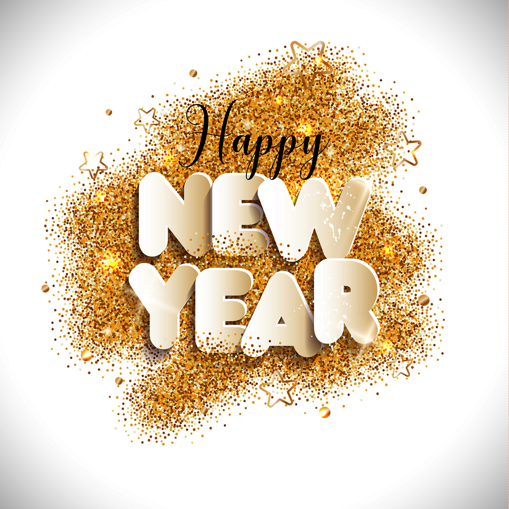 New Year background. Vector illustration on gold glitters.. New Year text in paper style background. Vector illustration on gold glitters.