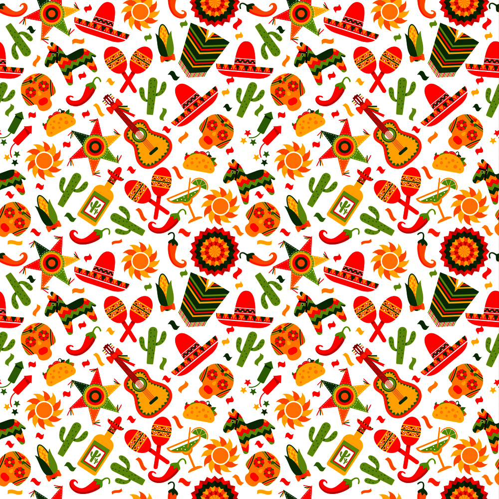 Cinco de Mayo celebration in Mexico, seamless pattern ond brown with, food, sambrero, tequila, cactus.. Cinco de Mayo celebration in Mexico, seamless pattern ond white, food, sambrero, tequila, cactus.Vector illustration.