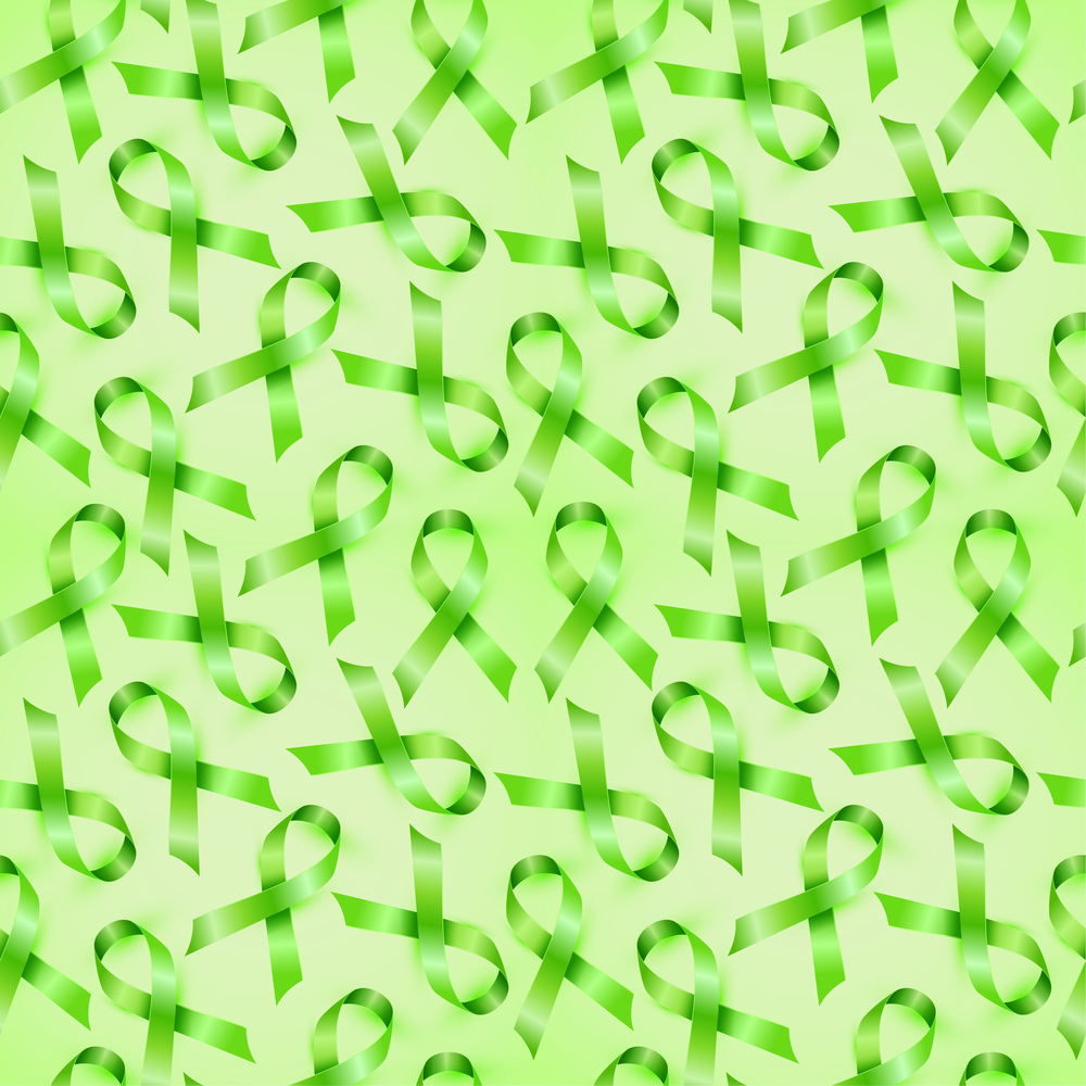 Lymphoma cancer ribbon isolated on white background. Seamless pattern.. Lymphoma cancer green ribbon isolated on white background. Seamless pattern.