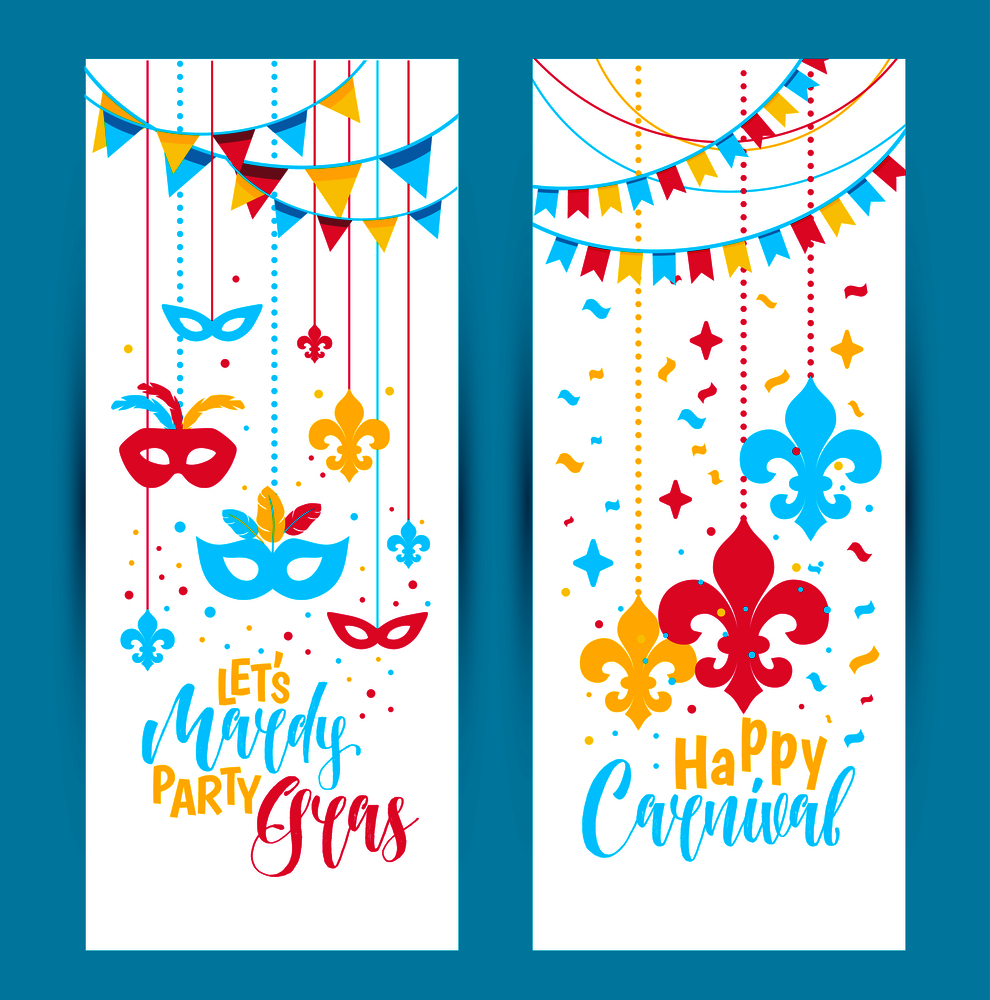 Mardi Gras beads colored frame with a mask, isolated on white background. Vector illustration. Mardi Gras colored vertical banners set with a mask and fleur-de-lis, isolated on white background. Vector illustration.