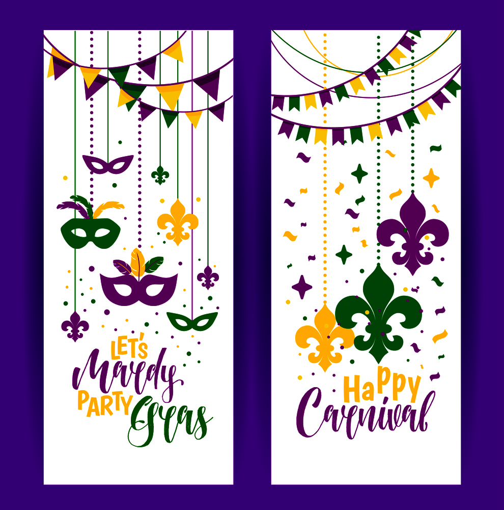 Mardi Gras beads colored frame with a mask, isolated on white background.. Mardi Gras colored vertical banners set with a mask and fleur-de-lis, isolated on white background. Vector illustration.