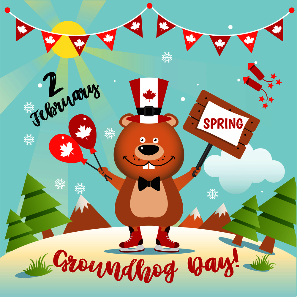 Happy Groundhog Day design in Canada with funny groundhog. Happy Groundhog Day design in Canada with cute and funny groundhog