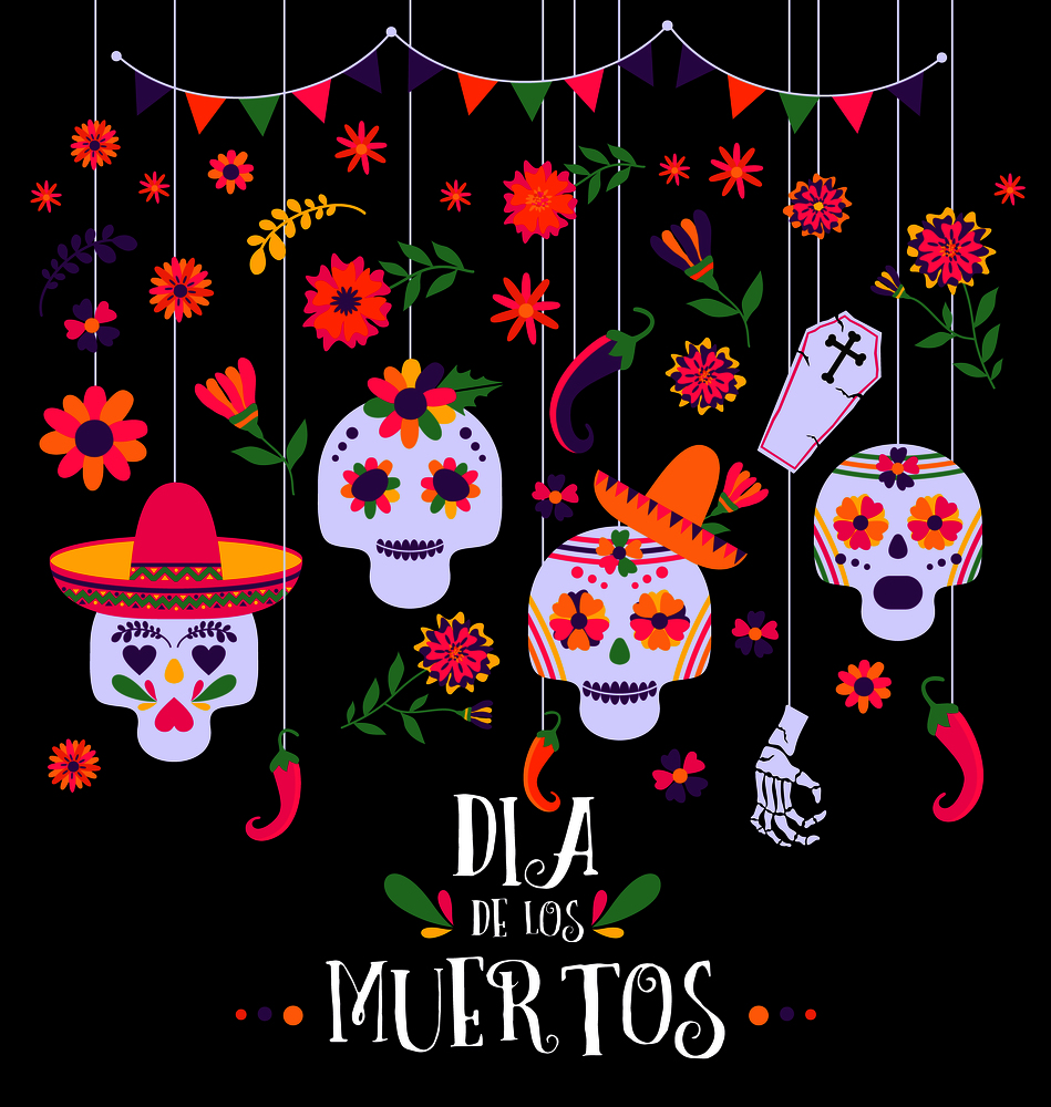 Day of the dead, Dia de los muertos, banner with colorful Mexican flowers and icons.. Day of the dead, Dia de los muertos, banner with colorful Mexican flowers and icons. Fiesta, holiday poster, party flyer, funny greeting card