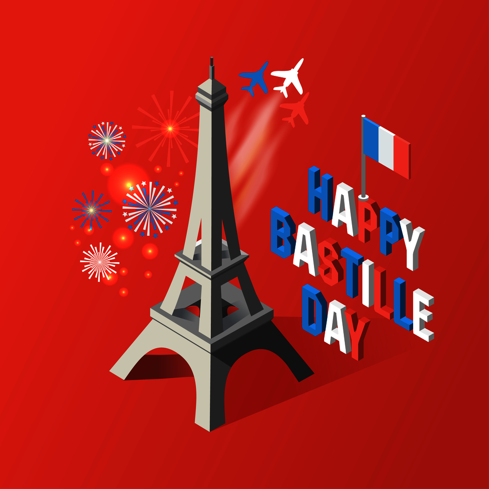 Bastille Day, Independence Day of France, symbols. French flag and map icons set in 3d style. Eiffel Tower icon.. Bastille Day, Independence Day of France, symbols. French flag and map icons set in 3d style.