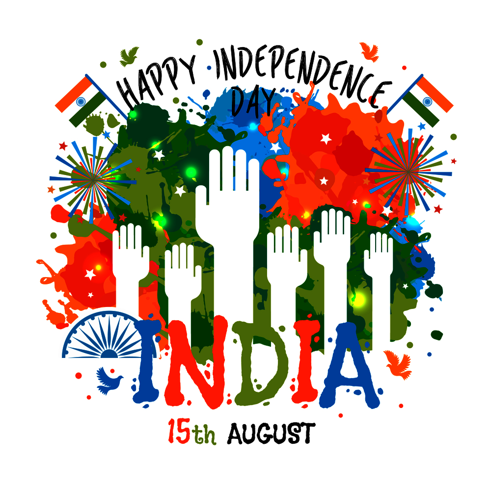 15th August, India Independence Day celebrations concept with colors blots and hands.. 15th August, India Independence Day celebrations concept with colors blots and hands in national flag color theme.