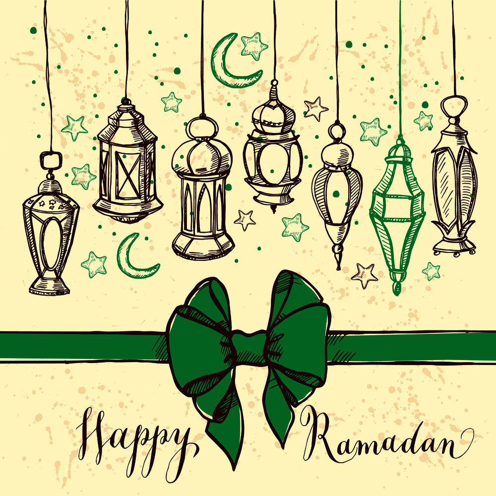 Ramadan Kareem illustration with lantern. Hand drawn style.. Ramadan Kareem illustration with lantern and bow. Hand drawn style.