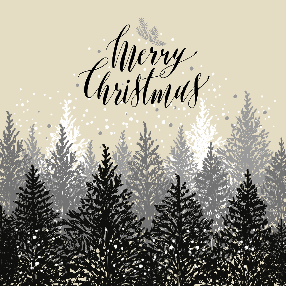 Hand drawn christmas card. New year trees with snow.Vector design illustration. Calligraphic text Merry Christmas on grey background.. Hand drawn christmas card. New year trees with snow.Vector design illustration. Calligraphic text Merry Christmas.