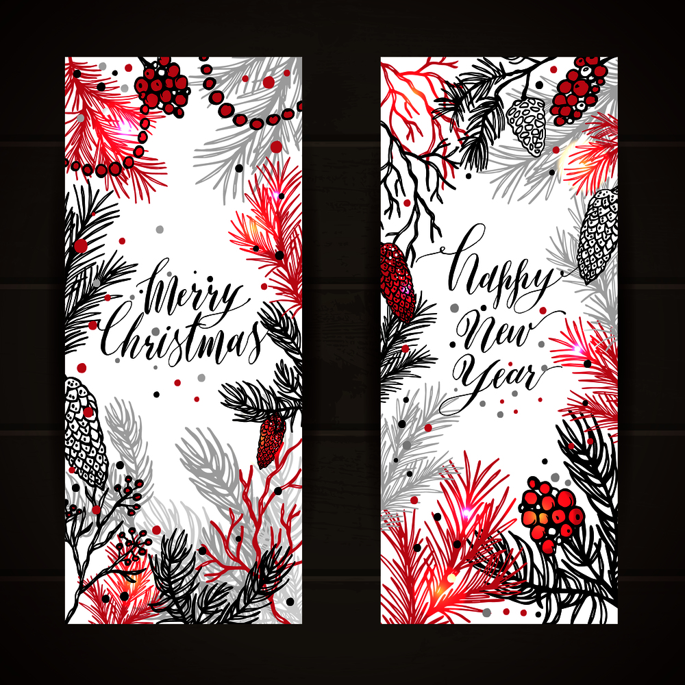 Merry Christmas greeting set of banners with new years tree and calligraphic sigh Happy New Year ann Merry Christmas on wooden texture. Vector holiday illustration.. Merry Christmas greeting set of banners with new years tree and calligraphic sigh Happy New Year ann Merry Christmas on wooden texture.