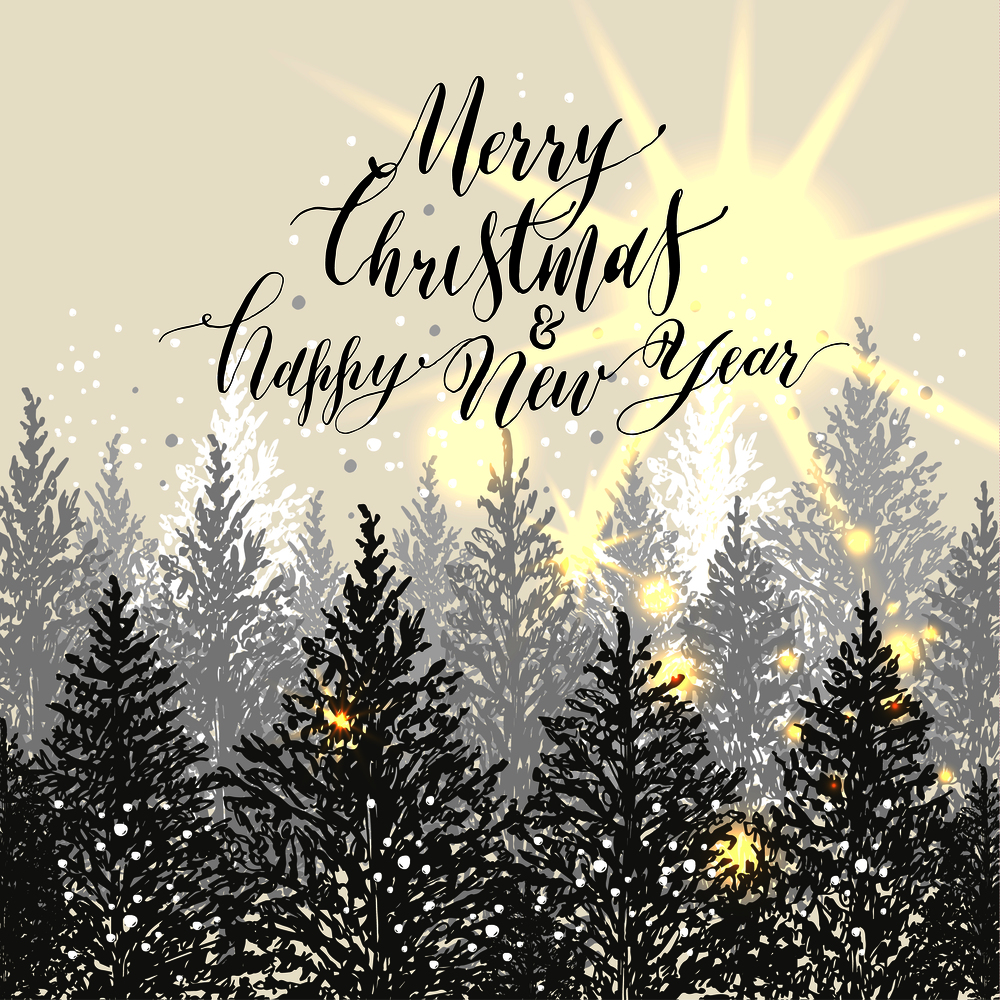 Hand drawn christmas card. New year trees with snow. Calligraphic text Merry Christmas & Happy New Year on grey background and sun rays. Hand drawn christmas card. New year trees with snow. Calligraphic text Merry Christmas & Happy New Year