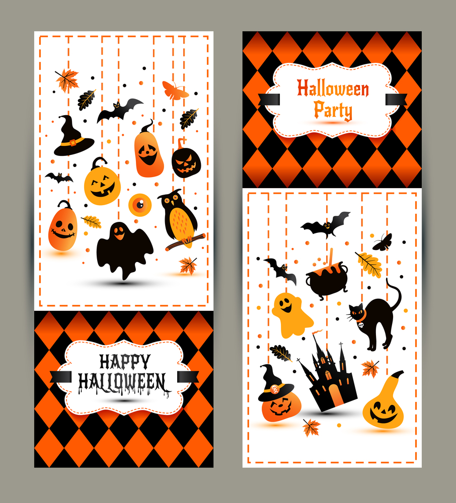 Halloween banners set on colors background. Invitation to night party. Vector design template for halloween celebration with icons. Set of autumn symbols.. Halloween banners set on colors background. Invitation to night
