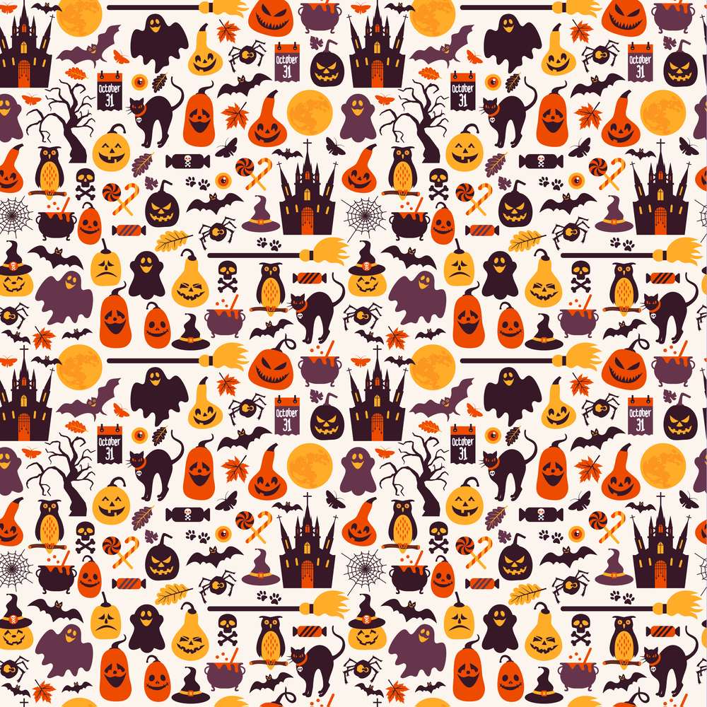 Seamless pattern of halloween for autumn celebration with icons in flat style. Vector design illustration of halloween.. Seamless pattern of halloween for autumn celebration with icons
