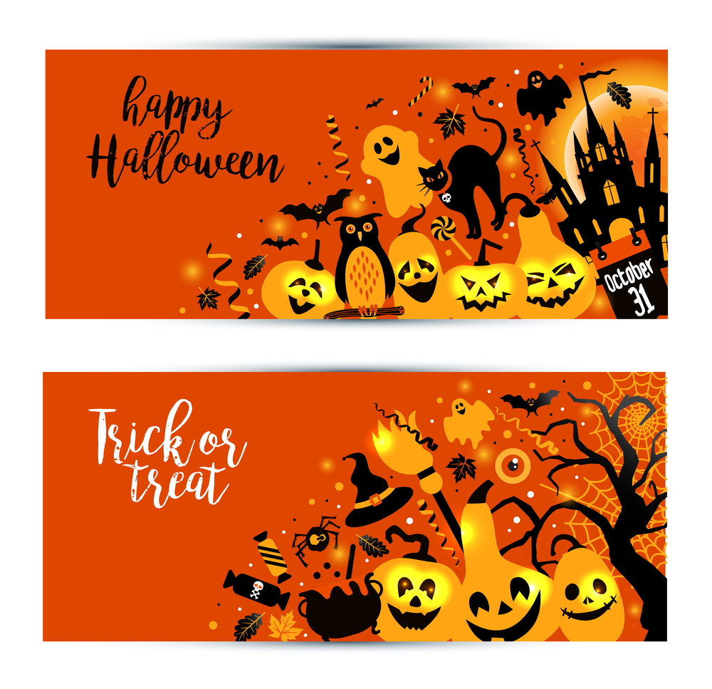 Halloween banners set on orange background. Invitation to night party. Vector design template for halloween celebration with icons. Set of autumn symbols.. Halloween banners set on orange background. Invitation to night