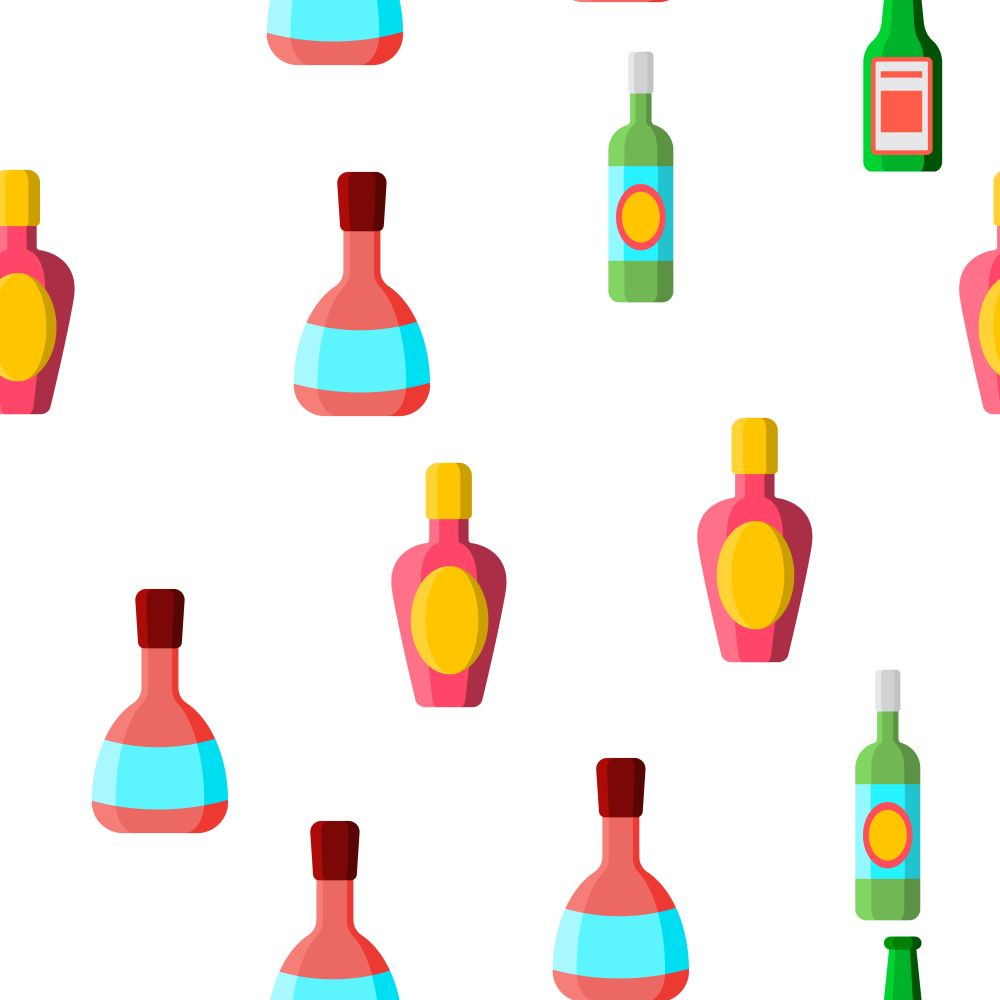 Glass Bottles Linear Vector Icons Seamless Pattern. Plastic, Glass Bottles Contour Symbols Pack. Alcohol Simple Color Pictograms Collection. Wine, Beer, Soda Flat illustrations. Glass Bottles Linear Vector Seamless Pattern