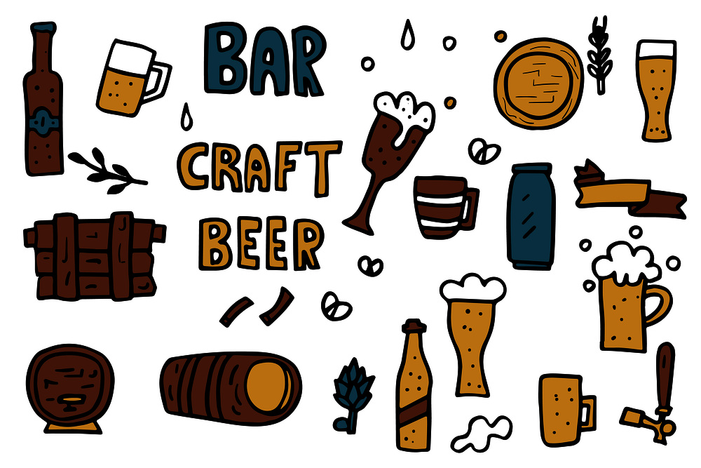 Craft beer elements set in doodle style. Symbols and lettering isolated on white background. Vector color illustration.