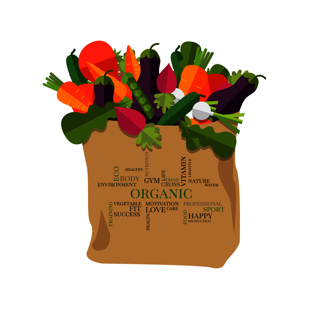 Paper bag with healthy foods, vegetables. Healthy organic natural food. Grocery delivery concept. Flat vector illustration. 100 percent natural, organic on a paper bag full of fresh vegetables. Concept of diet, vegetarian, vegan. Grocery delivery concept. Vector isolated illustration