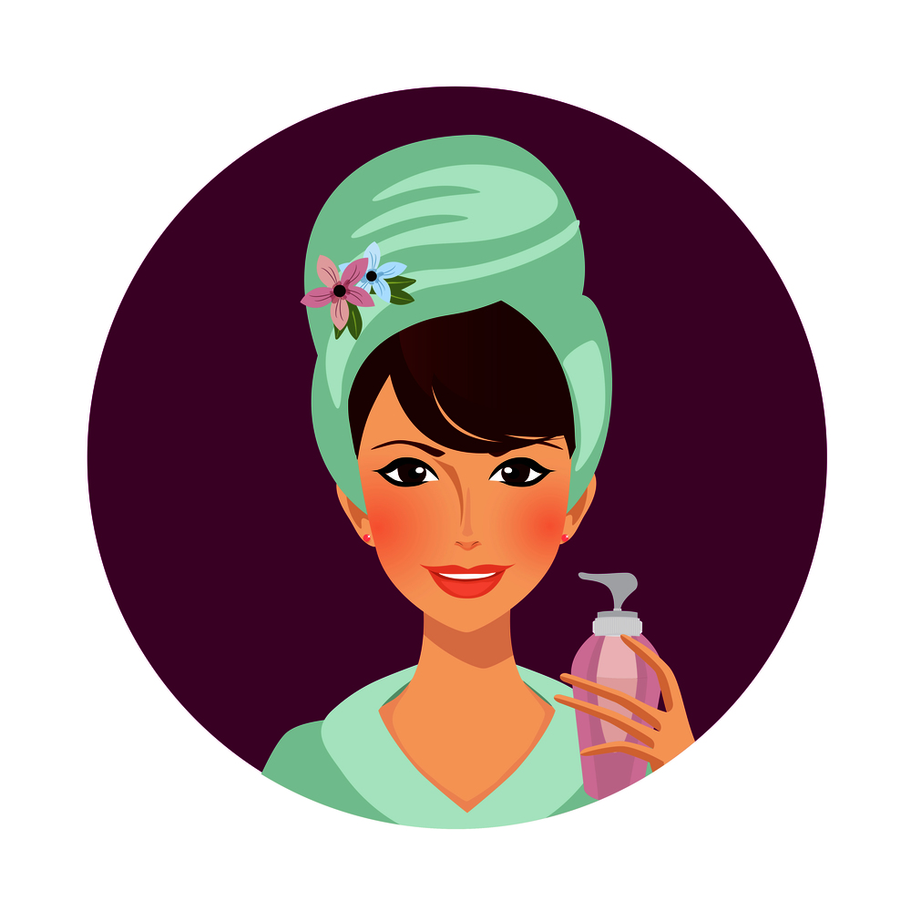 Girl Cream Spa Beauty Cosmetic Procedure. Woman in Towel and Bath Robe Applying Mask or Scrub on Face Pleasure in Beautician Salon Bathroom after Shower Cartoon Flat Illustration, Icon Clip art. Girl Cream Spa Beauty Cosmetic Care Round Icon