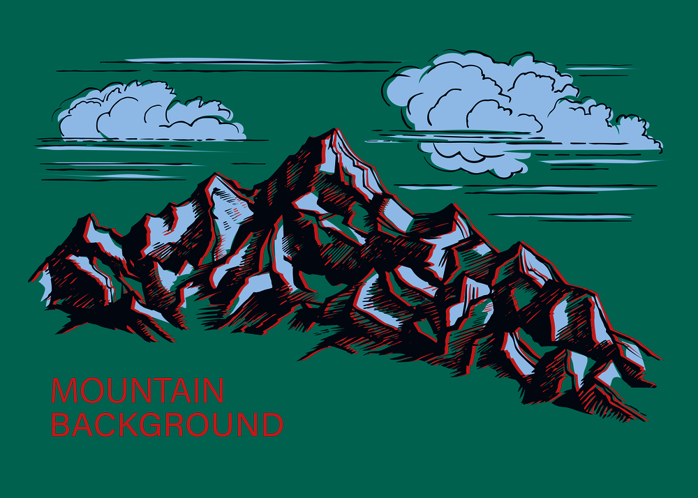 Mountain peaks and clouds. Rocks stylized vector drawing on a green background.. Mountains vector hand-drawn illustration.