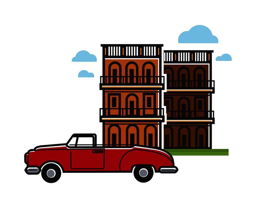 Cuba travel destination and famous culture landmark symbols. Vector icons of vintage retro car and Cuban Havana architecture. Cuba travel famous vector car and architecture
