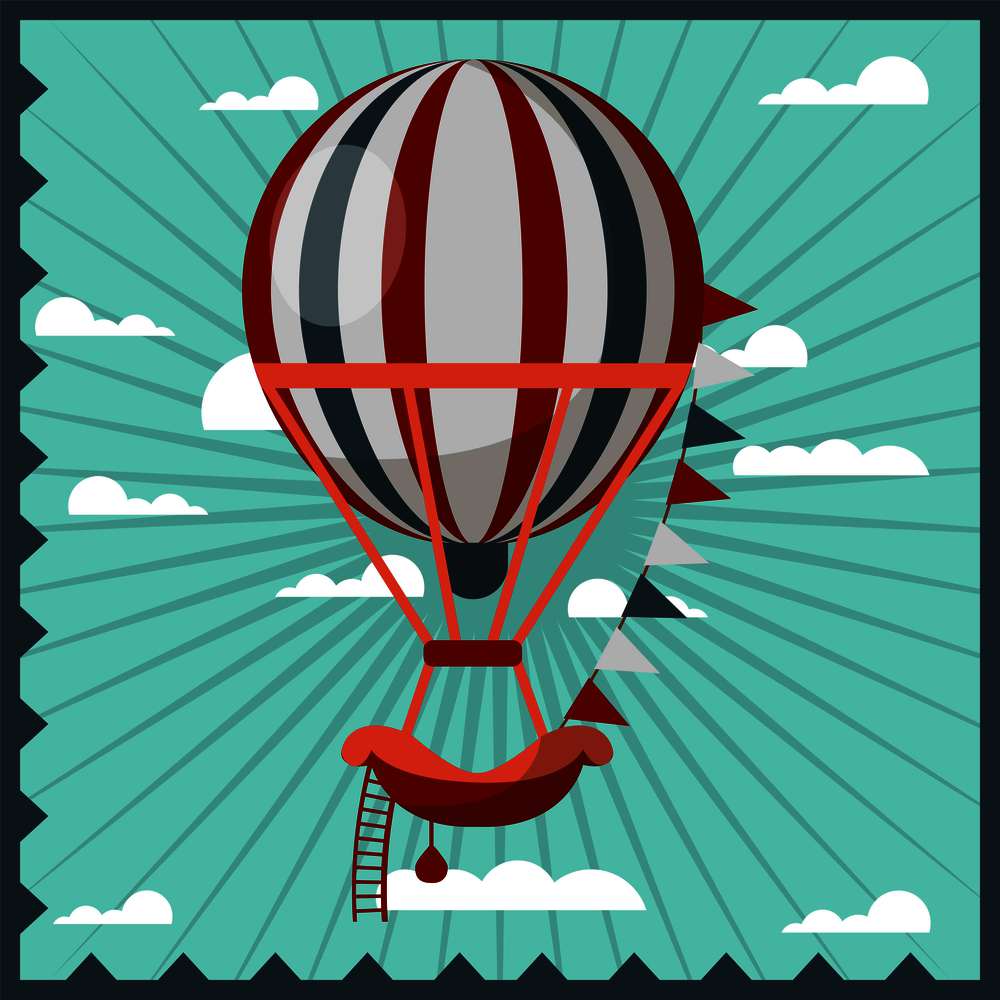 Hot air balloon retro poster of vector balloon cloudhopper with gondola and ladder for travel tour or entertainment show and open air festival. Hot air balloon retro vector poster