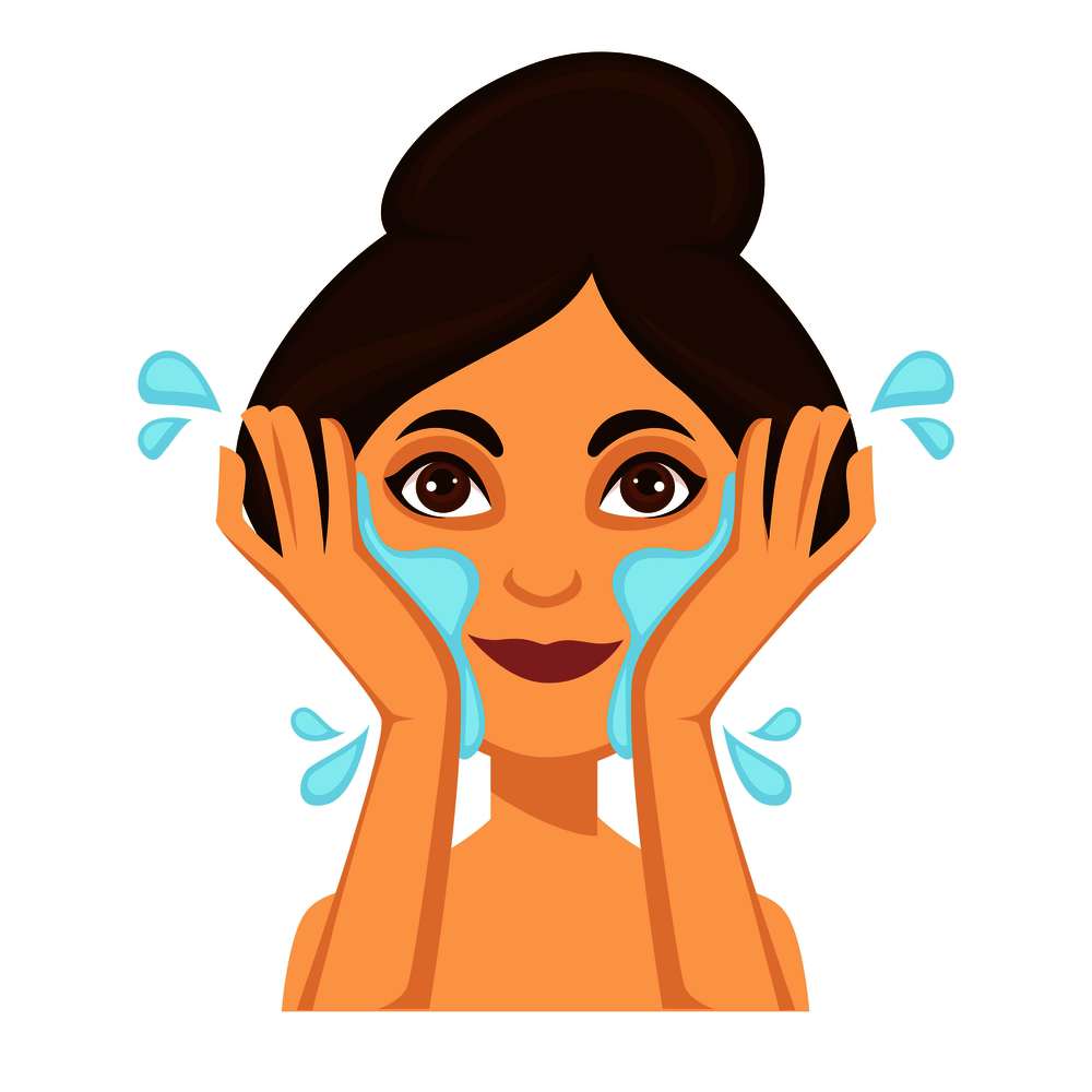 Young smiling dark haired woman washing her face with water, doing daily beauty routine, cartoon, flat concept vector illustration on white background. Young woman washing her face with clear water