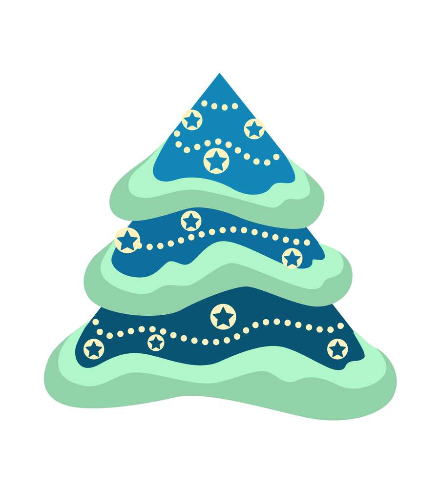 Christmas tree, evergreen pine decorated with garlands and toys vector. Winter holiday and celebration illustration. Christmas tree, evergreen pine decorated with garlands and toys vector.