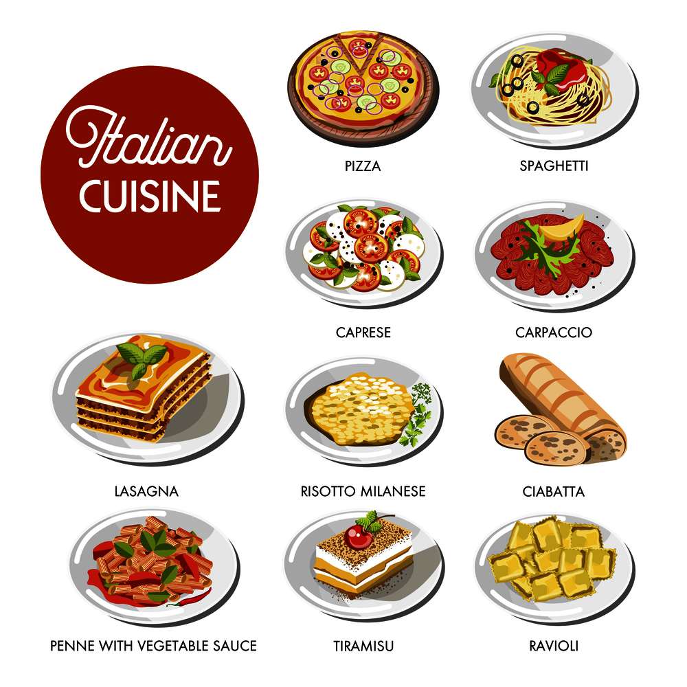Italian cuisine food traditional dishes of pasta spaghetti, pizza or lasagna meat, caprese cheese and vegetable salad, ciabatta bread or risotto rice and tiramisu dessert cake. Vector isolated icons. Italian cuisine food traditional dishes