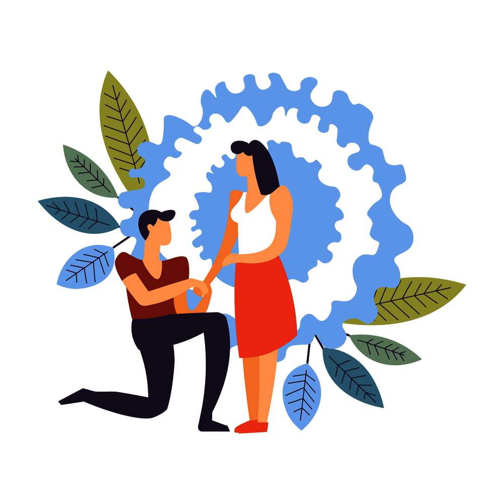 Couple in love, man and woman dating male making proposition vector boyfriend standing on knee and taking hand of girlfriend asking to marry marriage and engagement of happy pair male and female. Couple in love, man and woman dating male making proposition