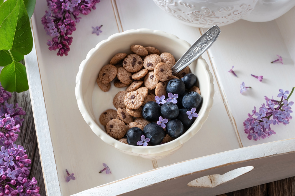 Breakfast cereals with yogurt, blueberries and lilac flowers on a white tray