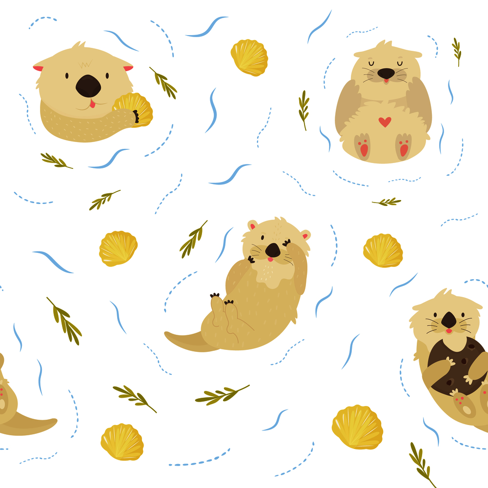 Seamless pattern with cute swimming otters on white background. For textile, prints, wrapping paper, invitation cards. Seamless pattern with cute swimming otters
