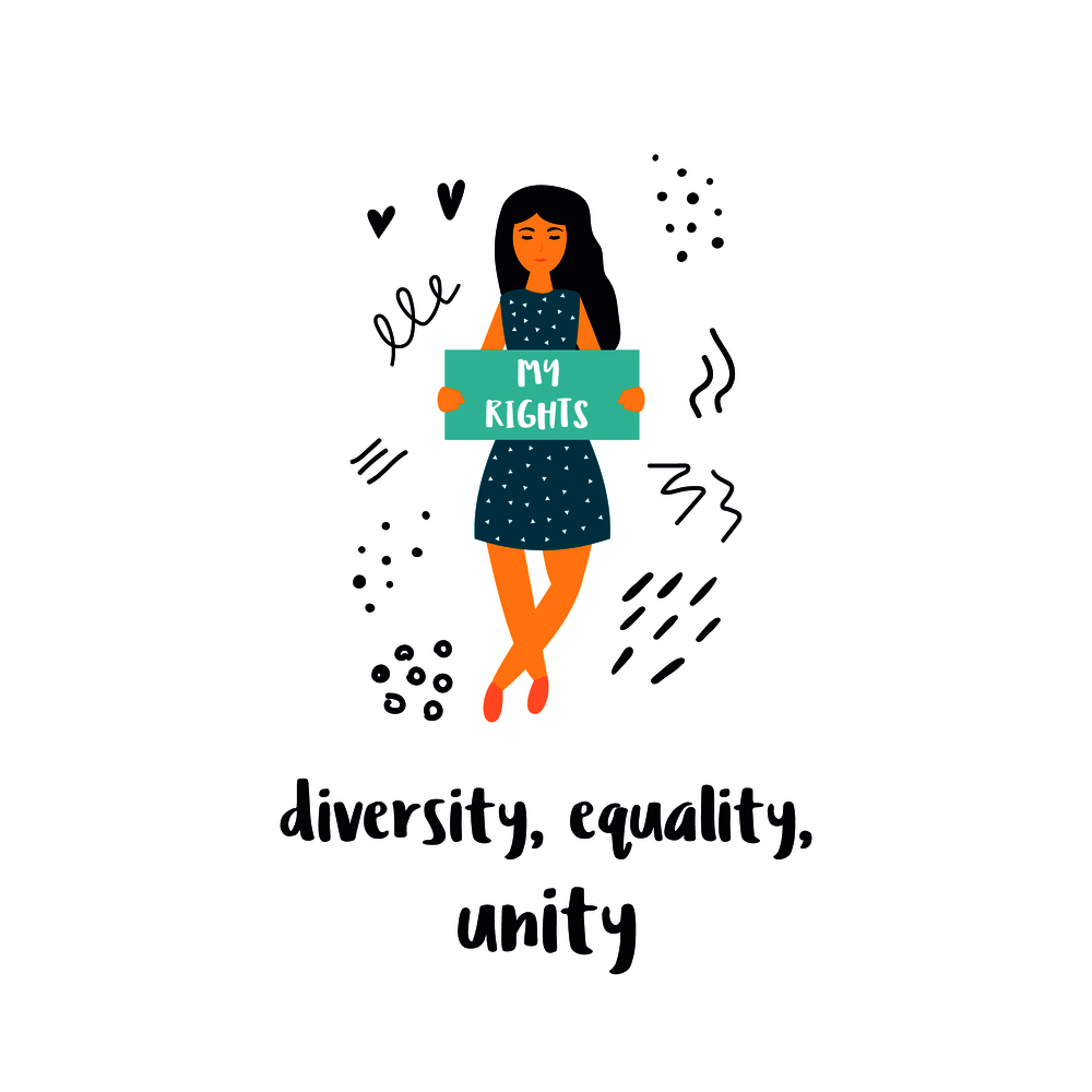 Vector illustration of protesting young woman holding a banner. Hand drawn image isolated on white background. Diversity. Equality, Unity. Empower concept.. Vector illustration of woman holding a banner