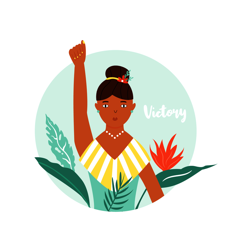 Illustration of protesting girl with raised hand. Girl power, empowerment concept. Struggle for freedom. Illustration of protesting girl. Girl power