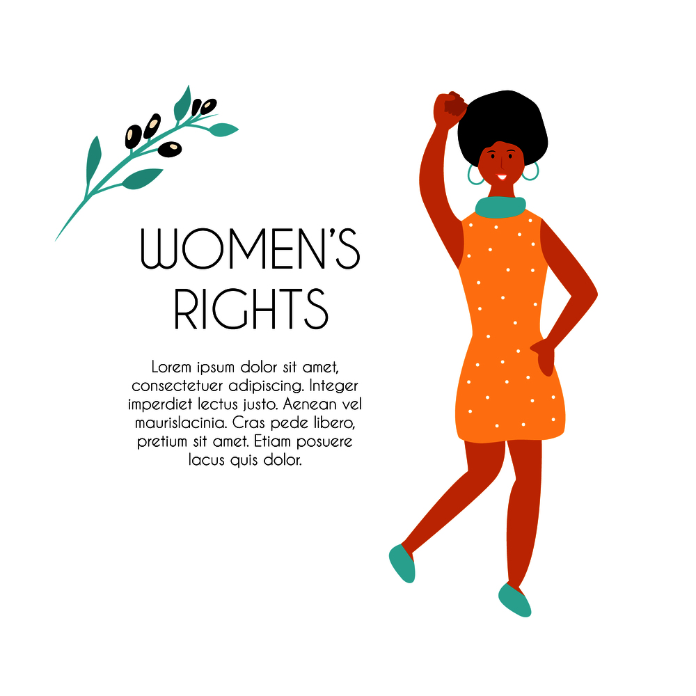 Hand drawn illustration of protesting young black woman. Feminine concept and woman empowerment design. Banner with place for text. Vector illustration of black striking woman