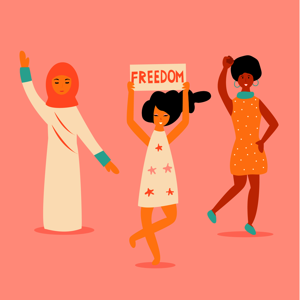Vector illustration of three protesting young women. Feminine concept and woman empowerment design. Human rights. Vector illustration of three protesting women