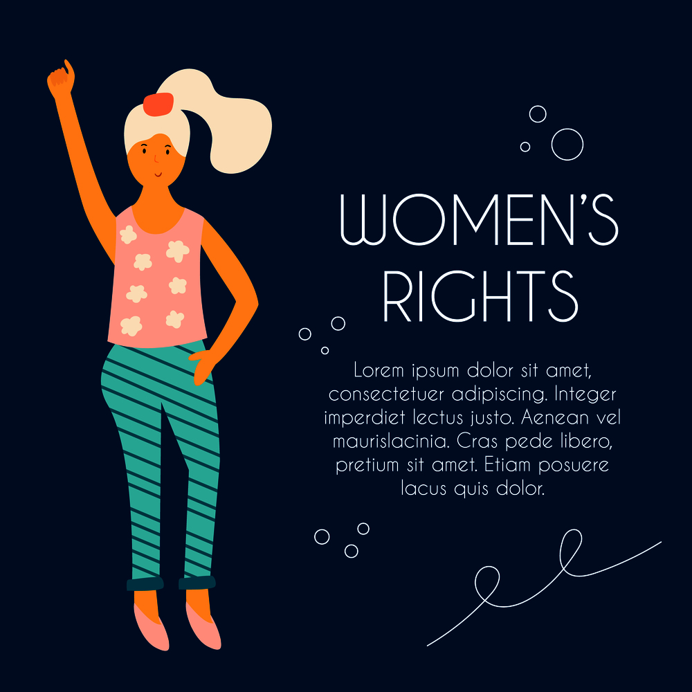Hand drawn illustration of protesting young woman. Feminine concept and woman empowerment design. Banner with place for text. Vector illustration of young striking woman