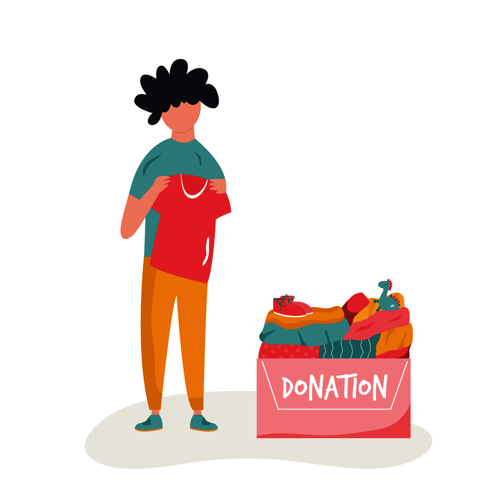Vector scene with a boy giving goods for charity. Cardboard box full of clothing, toys, shoes. Flat Design. Vector scene with a boy giving goods for charity.