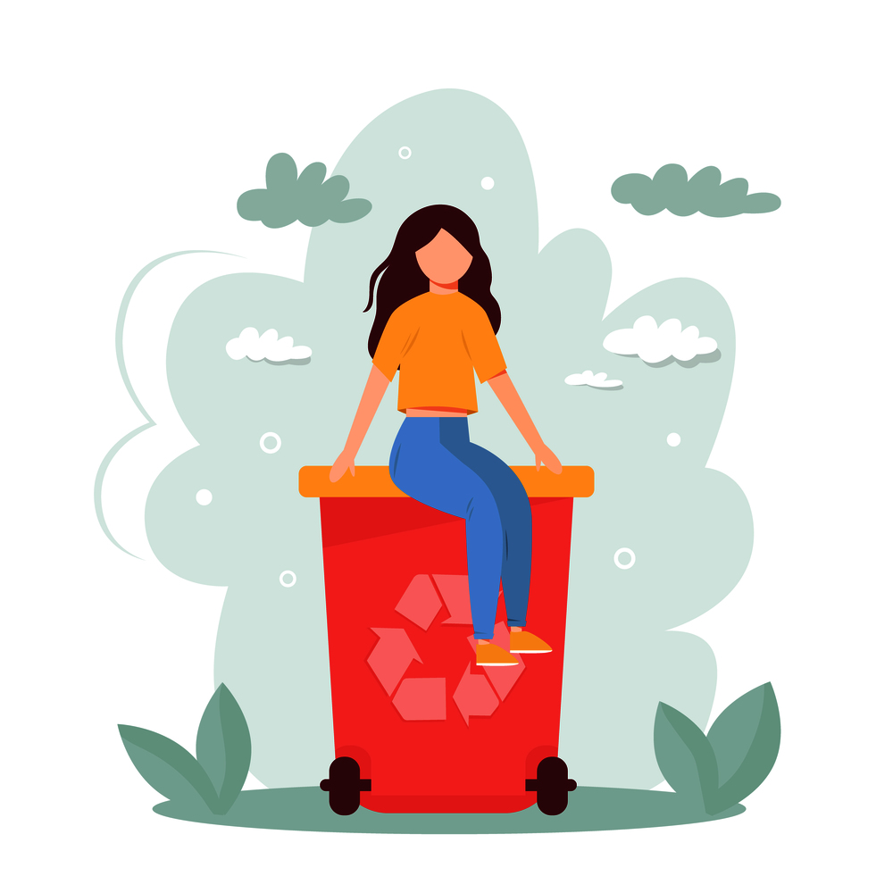 Recycling concept. Young girl sitting on a trash bin. Conscious eco living. Separation process. Recycling concept. Young girl sitting on trash bin