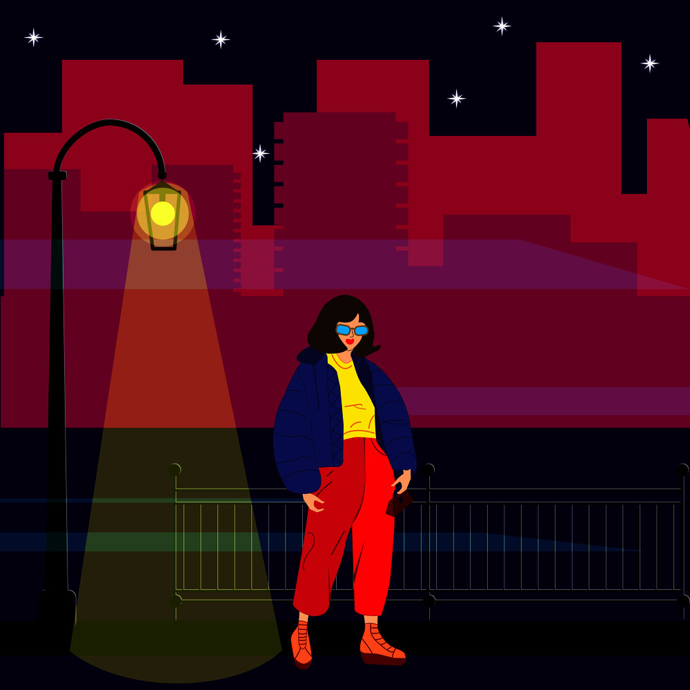 Modern city, great design for any purposes. Futuristic night city, streetlight. Vector town city street outline. Outline building vector illustration. Outline cityscape. Fashion woman.