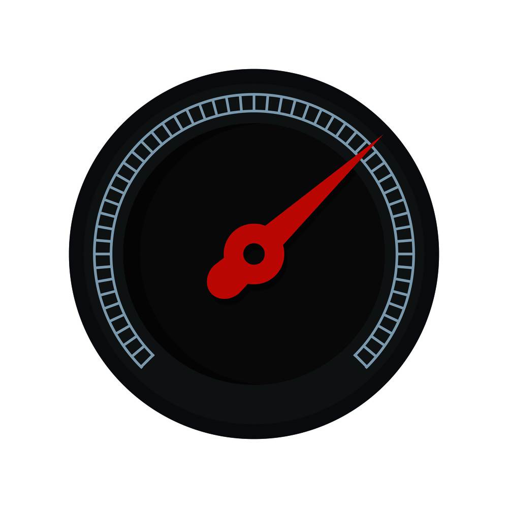 Black speedometer icon. Flat illustration of black speedometer vector icon for web isolated on white. Black speedometer icon, flat style