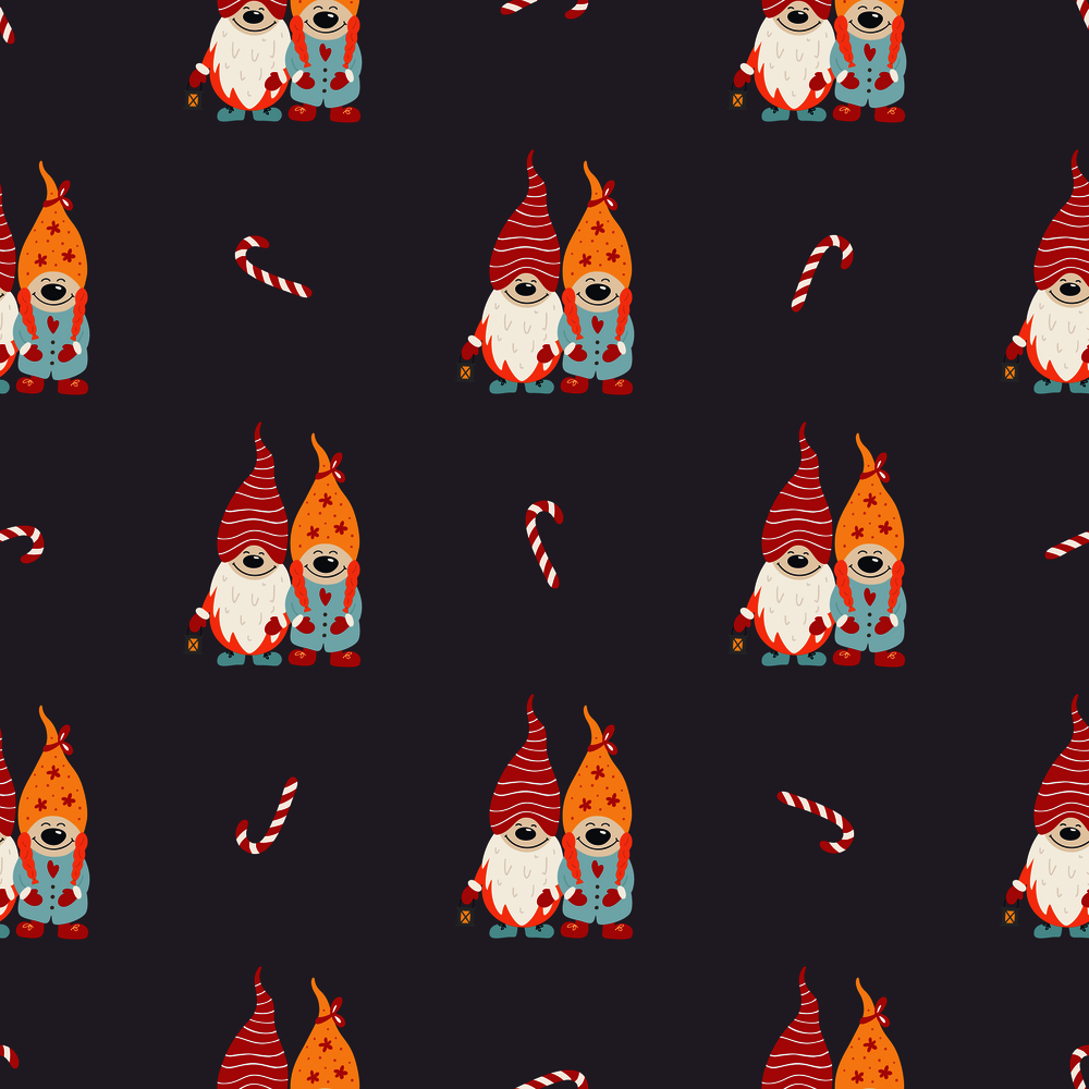 Christmas seamless pattern for background, wrapping paper, fabric, surface design. Naive Christmas repeatable motif with gnome hugs. vector illustration. Christmas seamless pattern for background