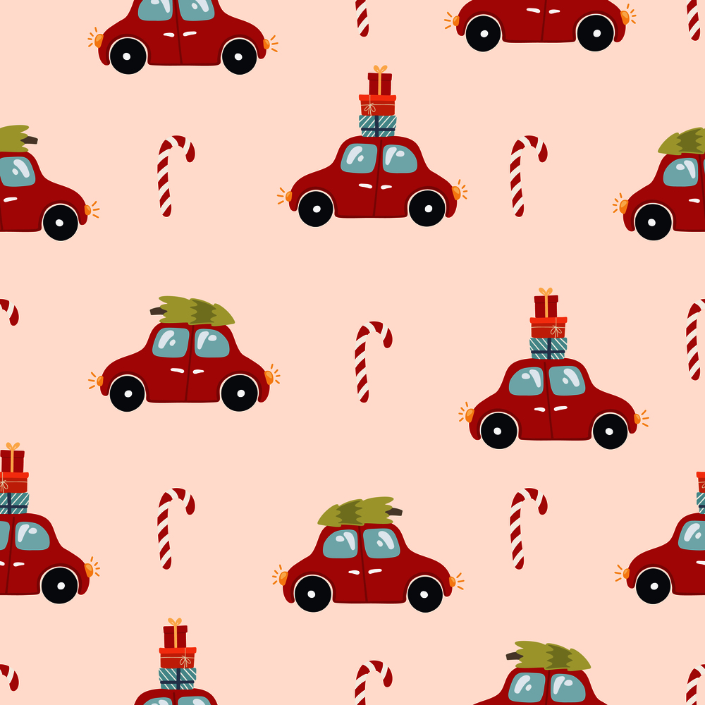 Christmas seamless pattern for background, wrapping paper, fabric, surface design. Naive Christmas repeatable motif with red car and gifts. vector illustration. Christmas seamless pattern for background