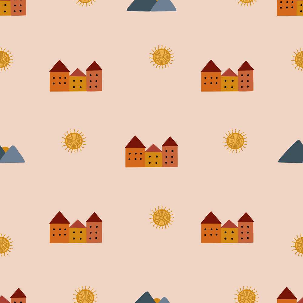 Bohemianl hand drawn pattern, ethnic pattern. Boho seamless texture. Ethnic background with houses. Wallpaper for pattern fills, web page. Bohemianl hand drawn pattern