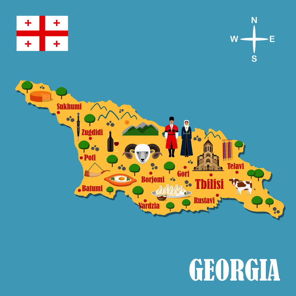 Stylized map of Georgia. Travel illustration with georgian landmark, costume, national flag, and other symbols in flat style. Vector illustration. Stylized map of Georgia