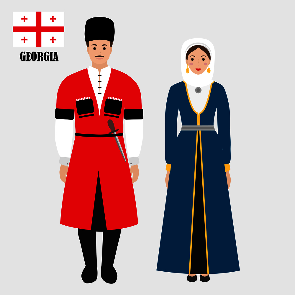 Georgians in national dress with a flag. Man and woman in traditional costume. Travel to Georgia. People. Vector flat illustration. Georgians in national dress