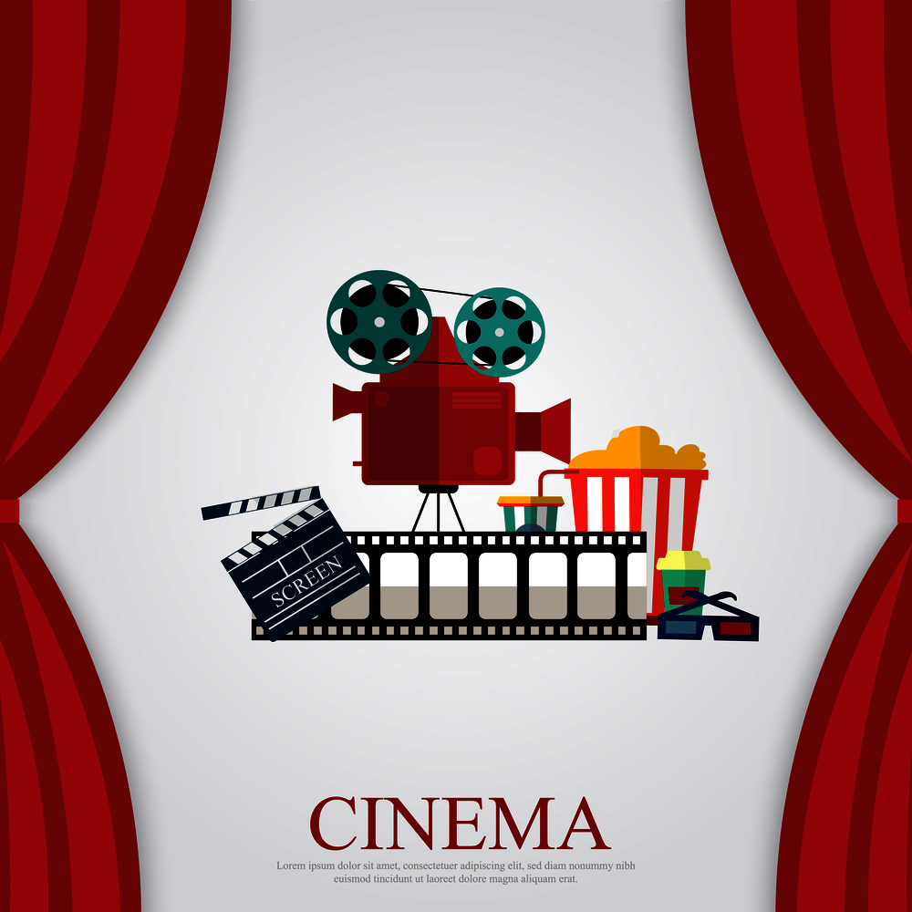 Reds curtains and film object with popcorn, soda and eyeglasses